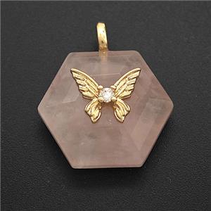 Pink Rose Quartz Hexagon Pendant Pave Zirconia Copper Butterfly, approx 17-19mm