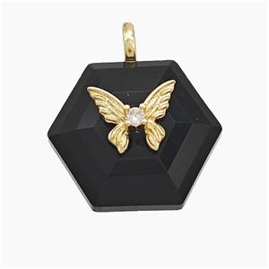 Black Obsidian Hexagon Pendant Pave Zirconia Copper Butterfly, approx 17-19mm