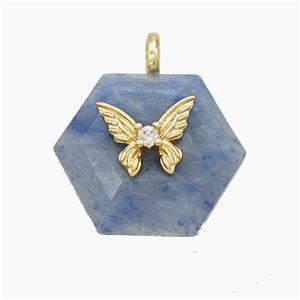 Blue Aventurine Hexagon Pendant Pave Zirconia Copper Butterfly, approx 17-19mm