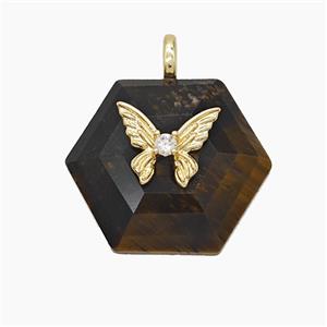 Tiger Eye Stone Hexagon Pendant Pave Zirconia Copper Butterfly, approx 17-19mm