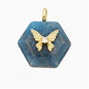Blue Apatite Hexagon Pendant Pave Zirconia Copper Butterfly, approx 17-19mm