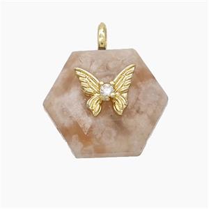 Pink Sakura Agate Hexagon Pendant Pave Zirconia Copper Butterfly, approx 17-19mm