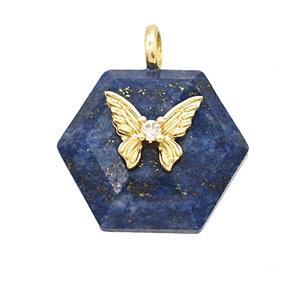 Blue Lapis Lazuli Hexagon Pendant Pave Zirconia Copper Butterfly, approx 17-19mm