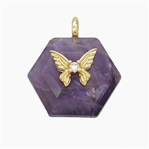 Purple Amethyst Hexagon Pendant Pave Zirconia Copper Butterfly, approx 17-19mm