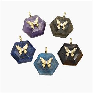 Natural Gemstone Hexagon Pendant Pave Zirconia Copper Butterfly Mixed, approx 17-19mm