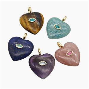 Natural Gemstone Heart Pendant Pave Zirconia Eye Mixed, approx 25mm