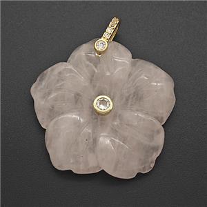 Pink Rose Quartz Flower Pendant Pave Zirconia, approx 30mm