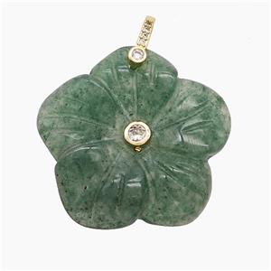 Natural Green Strawberry Quartz Flower Pendant Pave Zirconia Carved, approx 30mm