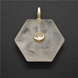 Clear Crystal Quartz Hexagon Pendant Pave Zirconia, approx 17-19mm