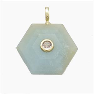 Chinese Amazonite Hexagon Pendant Pave Zirconia, approx 17-19mm