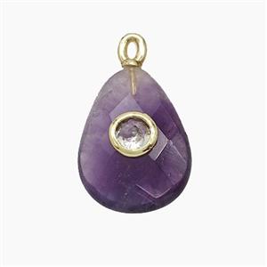 Natural Purple Amethyst Teardrop Pendant Pave Zirconia Faceted, approx 12-16mm