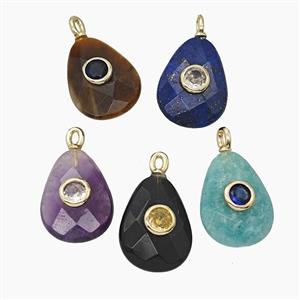 Natural Gemstone Teardrop Pendant Pave Zirconia Faceted Mixed, approx 12-16mm