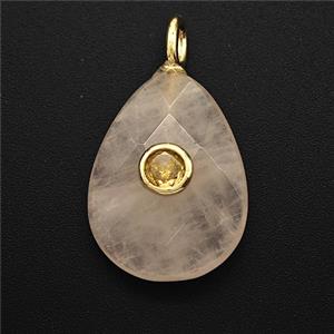 Natural Pink Rose Quartz Teardrop Pendant Pave Zirconia Faceted, approx 15-20mm