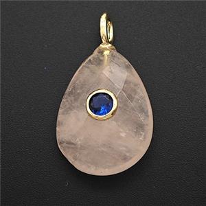 Natural Pink Rose Quartz Teardrop Pendant Pave Zirconia Faceted, approx 15-20mm
