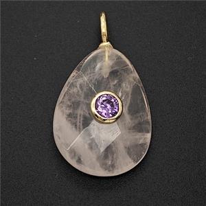 Natural Clear Crystal Quartz Teardrop Pendant Pave Zirconia Faceted, approx 15-20mm