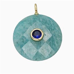 Natural Green Amazonite Circle Pendant Pave Zirconia Faceted, approx 25mm