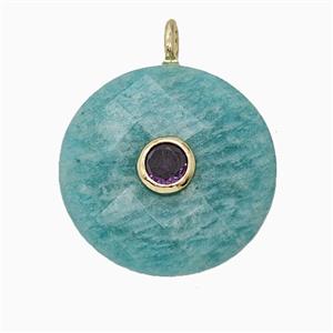 Natural Green Amazonite Circle Pendant Pave Zirconia Faceted, approx 25mm