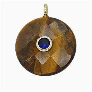 Natural Tiger Eye Stone Circle Pendant Pave Zirconia Faceted, approx 25mm