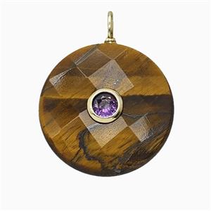 Natural Tiger Eye Stone Circle Pendant Pave Zirconia Faceted, approx 25mm