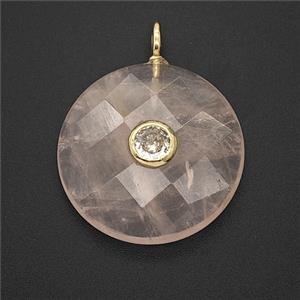 Natural Pink Rose Quartz Circle Pendant Pave Zirconia Faceted, approx 25mm