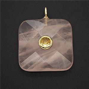Natural Pink Rose Quartz Square Pendant Pave Zirconia Faceted, approx 25mm