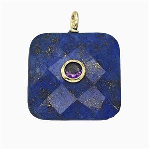 Natural Blue Lapis Lazuli Square Pendant Pave Zirconia Faceted, approx 25mm