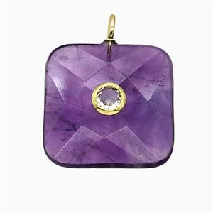 Natural Purple Amethyst Square Pendant Pave Zirconia Faceted, approx 25mm