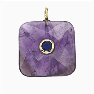 Natural Purple Amethyst Square Pendant Pave Zirconia Faceted, approx 25mm