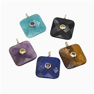 Natural Gemstone Square Pendant Pave Zirconia Faceted Mixed, approx 25mm