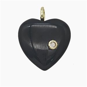 Natural Black Obsidian Heart Pendant Pave Zirconia, approx 25mm