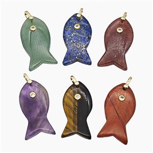Natural Gemstone Fish Pendant Pave Zirconia Mix, approx 20-40mm