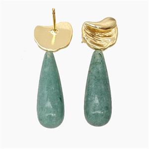 Green Strawberry Quartz Teardrop Copper Stud Earrings Gold Plated, approx 8-33mm