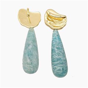 Green Amazonite Teardrop Copper Stud Earrings Gold Plated, approx 8-33mm