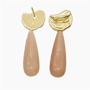 Peach Sunstone Teardrop Copper Stud Earrings Gold Plated, approx 8-33mm