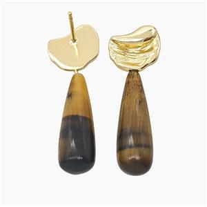 Tiger Eye Stone Teardrop Copper Stud Earrings Gold Plated, approx 8-33mm