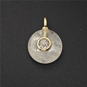 Natural Clear Crystal Quartz Coin Pendant Pave Zirconia, approx 12mm