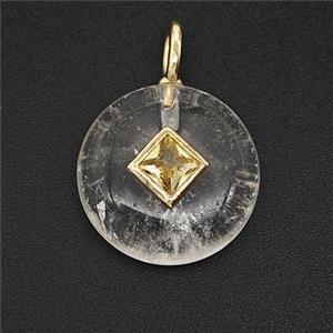 Clear Crystal Quartz Coin Pendant Pave Zirconia, approx 16mm