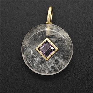 Clear Crystal Quartz Coin Pendant Pave Zirconia, approx 16mm
