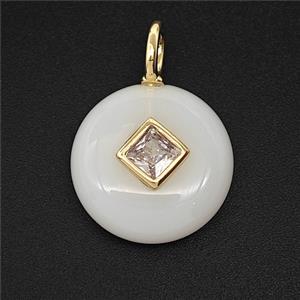 White Jade Coin Pendant Pave Zirconia, approx 16mm