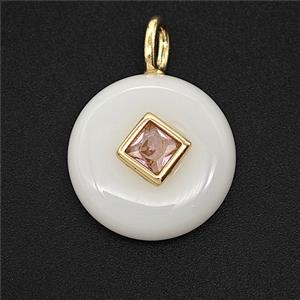 White Jade Coin Pendant Pave Zirconia, approx 16mm