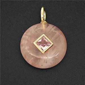 Natural Pink Rose Quartz Coin Pendant Pave Zirconia, approx 16mm