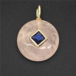 Natural Pink Rose Quartz Coin Pendant Pave Zirconia, approx 16mm