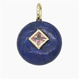 Natural Blue Lapis Lazuli Coin Pendant Pave Zirconia, approx 16mm