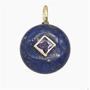 Natural Blue Lapis Lazuli Coin Pendant Pave Zirconia, approx 16mm