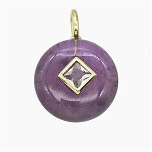 Natural Purple Amethyst Coin Pendant Pave Zirconia, approx 16mm