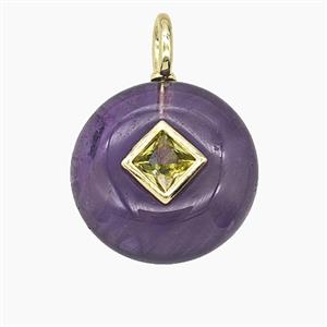 Natural Purple Amethyst Coin Pendant Pave Zirconia, approx 16mm