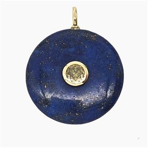 Natural Blue Lapis Lazuli Coin Pendant Pave Zirconia, approx 25mm