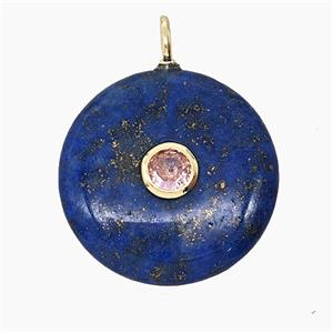 Natural Blue Lapis Lazuli Coin Pendant Pave Zirconia, approx 25mm