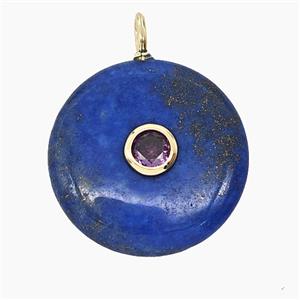Natural Blue Lapis Lazuli Coin Pendant Pave Zirconia, approx 25mm