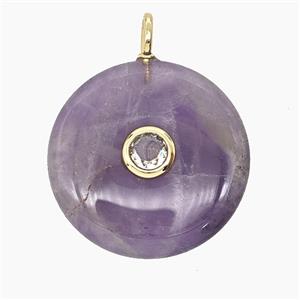 Natural Purple Amethyst Coin Pendant Pave Zirconia, approx 25mm